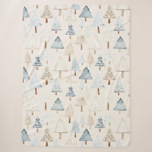 Crème Beige Blauwe Kerstbomen Sherpa Deken