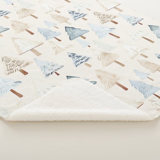 Crème Beige Blauwe Kerstbomen Sherpa Deken (3/4)