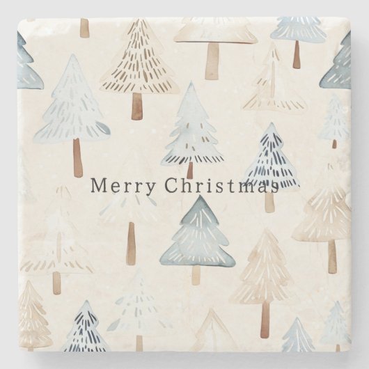 Crème Beige Blauwe Kerstbomen Stenen Onderzetter (Voorkant)