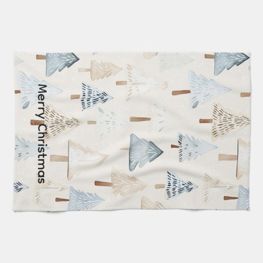 Crème Beige Blauwe Kerstbomen Theedoek (Horizontaal)