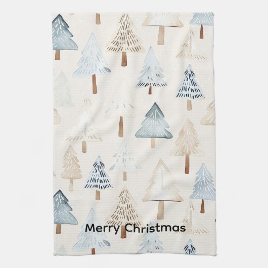 Crème Beige Blauwe Kerstbomen Theedoek (Verticaal)