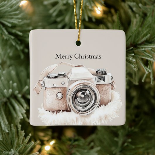 Crème Beige Camerastrepen Kerstmis Keramisch Ornament (Boom)