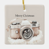 Crème Beige Camerastrepen Kerstmis Keramisch Ornament (Voorkant)