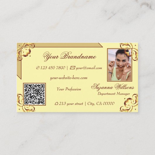  crème Beige Gold Monogram Foto QR-code Visitekaartje (Achterkant)