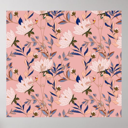 Crème Beige Lelies: Roze Naadloze Achtergrond Poster (Voorkant)