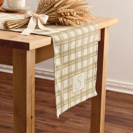 Crème Beige Neutrale Tartan Plaid Monogram Korte Tafelloper