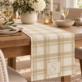 Crème Beige Neutrale Tartan Plaid Monogram Korte Tafelloper