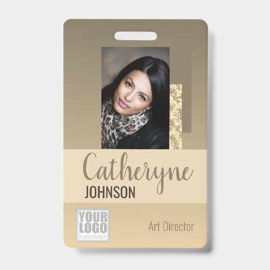 Crème Beige Ombre Logo Barcode ID Fototemplate Badge (Voorzijde)