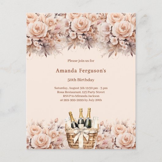 Crème beige rozen bloemen boho verjaardagsuitnodig (Voorkant)