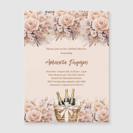 Crème beige rozen bubbly brunch Vrijgezellenfeest Magnetische Uitnodiging (Voorkant)