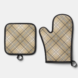 Crème, Beige, Taupe Bruin Tartan Plaid Ovenwant & Pannenlap Set