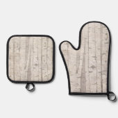 Crème Beige Witte Berk Bomen Ovenwant & Pannenlap Set (Voorkant)