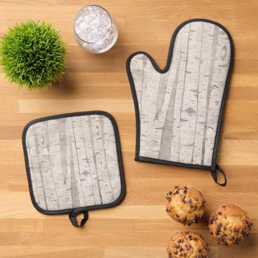 Crème Beige Witte Berk Bomen Ovenwant & Pannenlap Set (Top down)