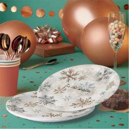 Crème Blauw Bruin Sneeuwvlokken Kerst Papieren Bordje