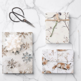 Crème Blauw Bruin Sneeuwvlokken Vogels Vos Kerstmi Inpakpapier Vel