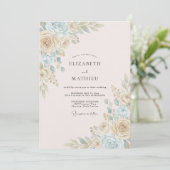 Crème Blauw Whimsical Bloom Bruiloft Kaart (Staand voorkant)
