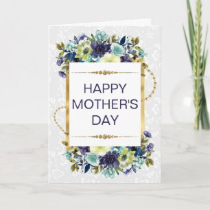 Crème & Blauwe Bloemen & Gouden Glitter Moederdag Kaart
