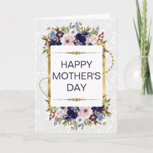 Crème & Blauwe Bloemen & Gouden Glitter Moederdag Kaart