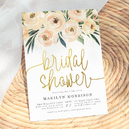 Crème & Blauwe Bloemen Gouden Schrift Bruidsbruilo Kaart