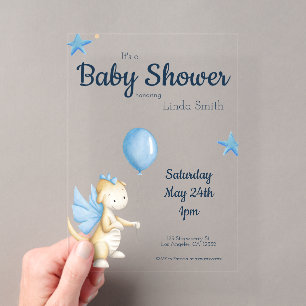 Crème Blauwe Geslachtsneutrale Baby Shower Acryl Uitnodigingen