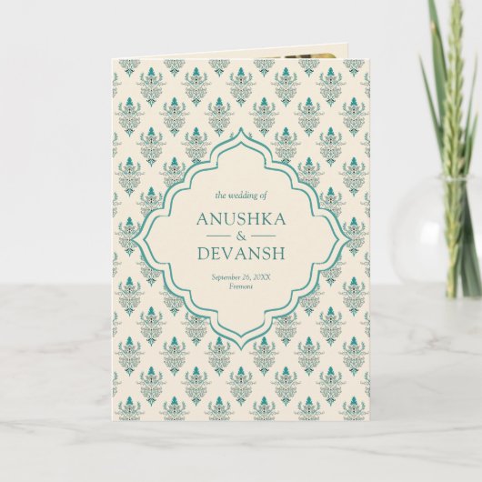 Crème Blauwgroen Ikat Alles in een Indiase bruilof (Voorkant)