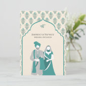 Crème Blauwgroen Punjabi Anand Karaj Sikh Bruiloft Kaart (Staand voorkant)
