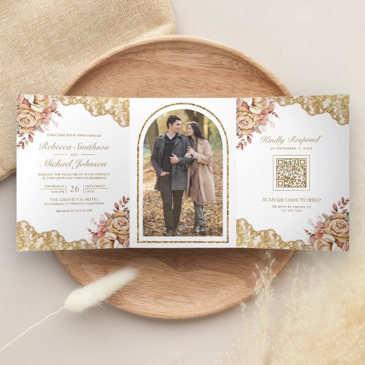 Crème Bloem Gouden Kant QR Code Foto Bruiloft Drieluik Uitnodiging