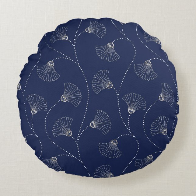 Crème Bloemen Art Nouveau Indigo Rond Kussen (Voorkant)