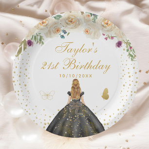 Crème Bloemen Blond Haar Meisje Verjaardagsfeest Papieren Bordje