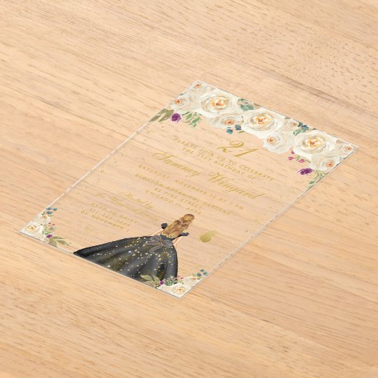 Crème Bloemen Blond Haar Prinses Verjaardagsfeest Acryl Uitnodigingen (Laagn)