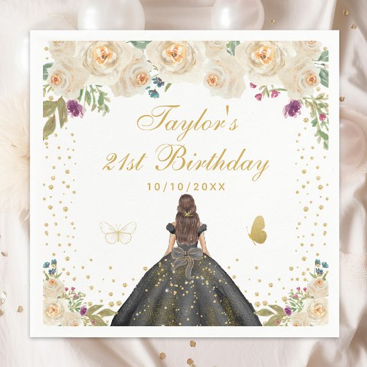 Crème Bloemen Brunette Haar Meisje Verjaardagsfees Servet