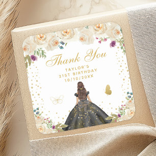 Crème Bloemen Brunette Haar Prinses Verjaardagsfee Vierkante Sticker