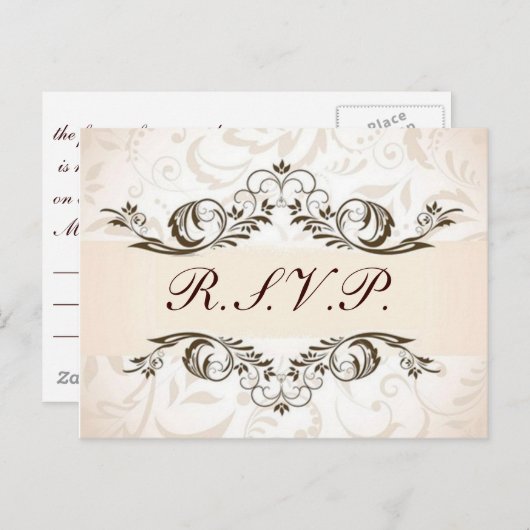 Crème Bloemen Damast Wedding RSVP Uitnodiging Briefkaart (Voorkant / Achterkant)