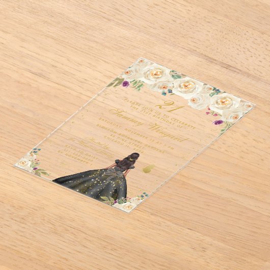 Crème Bloemen Donkere Huid Prinses Verjaardagsfees Acryl Uitnodigingen (Laagn)