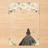 Crème Bloemen Donkere Huid Prinses Verjaardagsfees Acryl Uitnodigingen (Voorkant)