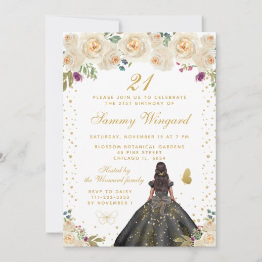 Crème Bloemen Donkere Huid Prinses Verjaardagsfees Kaart (Voorkant)