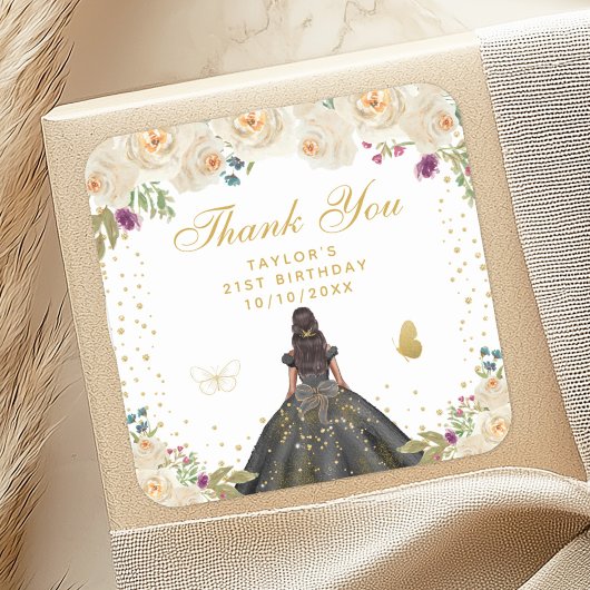 Crème Bloemen Donkere Huid Prinses Verjaardagsfees Vierkante Sticker