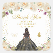 Crème Bloemen Donkere Huid Prinses Verjaardagsfees Vierkante Sticker (Voorkant)
