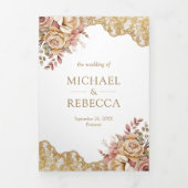 Crème Bloemen Goud Kant QR Code Foto Bruiloft Drieluik Uitnodiging (Cover)