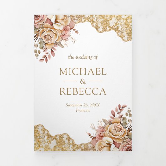 Crème Bloemen Goud Kant QR Code Foto Bruiloft Drieluik Uitnodiging (Cover)