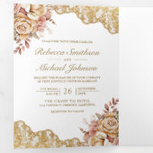 Crème Bloemen Goud Kant QR Code Foto Bruiloft Drieluik Uitnodiging (Binnenzijde eerst)