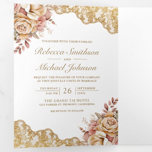 Crème Bloemen Goud Kant QR Code Foto Bruiloft Drieluik Uitnodiging (Binnenzijde eerst)