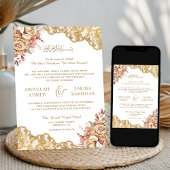 Crème Bloemen Goud Kant QR Code Moslim Bruiloft Kaart