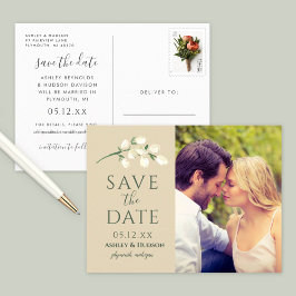 Crème Bloemen Groene Trouwfoto Save the Date Aankondigingskaart