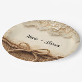Crème  Bloemen Kant Burlap Rustieke Bruiloft Papieren Bordje (Gekanteld)