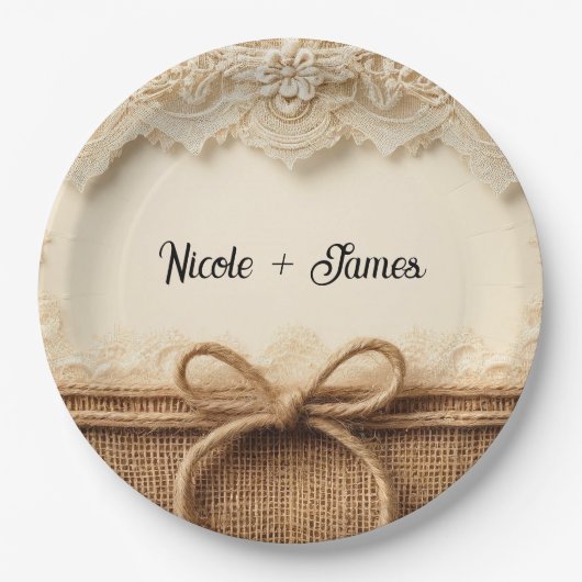 Crème  Bloemen Kant Burlap Rustieke Bruiloft Papieren Bordje (Voorkant)