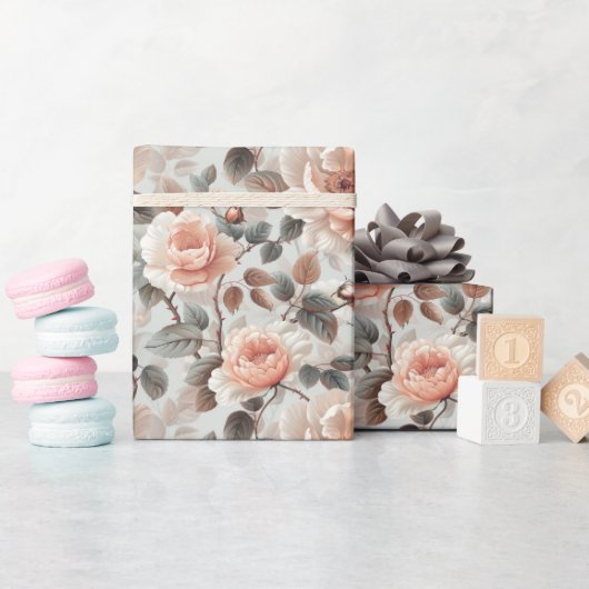 Crème bloemen met grijze bladeren cadeaupapier (Baby Shower)