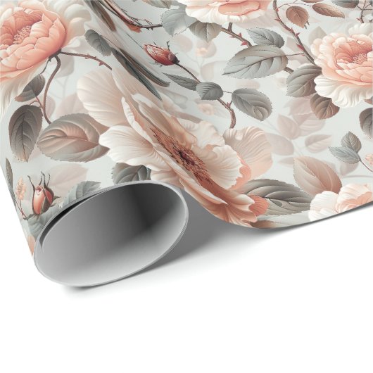 Crème bloemen met grijze bladeren cadeaupapier (Rol Hoek)