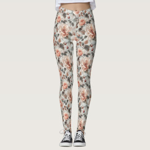 Crème bloemen met grijze bladeren op een lichtgrij leggings