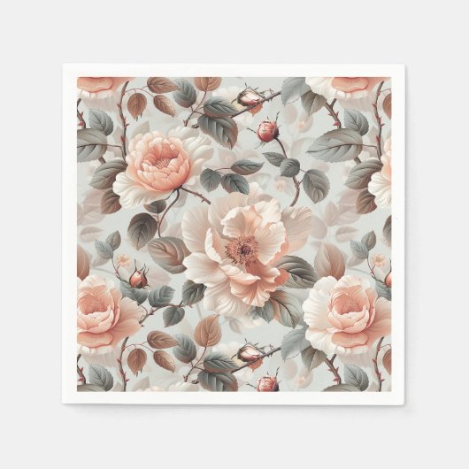 Crème bloemen met grijze bladeren op een lichtgrij servet (Voorkant)